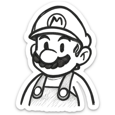 Mario with red hat and blue overalls, hand drawn style, soft lines, warm tones, friendly expression sticker