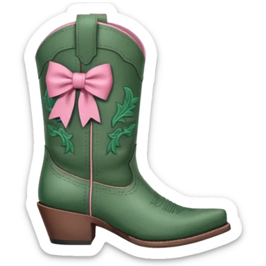 Sage and dark green western boots with a pink bow on top sticker