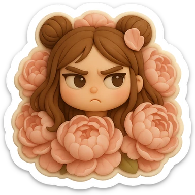 3D chibi fondant cake art style, high-quality rendering with smooth shadows and soft gradients. Girl based on reference image with preserved facial features and eye shape exactly as in the reference. Long brown hair in two space buns, brown eyes, thick white outline like a sticker, transparent background. Her head is nestled in the middle of a massive pile of soft pink peonies, only her face and a few petals on her hair are visible, flowers are lush and dense. sticker