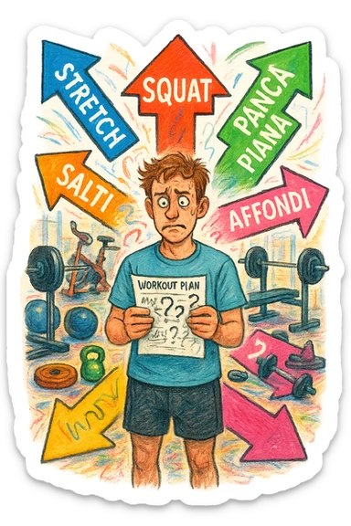 a person stands in the center of a gym, surrounded by arrows pointing in all directions, each labeled with a different exercise (e.g., “squat,” “Salti,” “stretch,” “Panca Piana”). The person looks bewildered, holding a workout plan with scribbles and question marks. The scene is colorful but visually messy, symbolizing confusion. in italiano immagine iperrealistica sticker