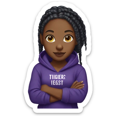 Black girl with box braids wearing a dark purple hoodie that displays the words "Go Tigers!" on it sticker