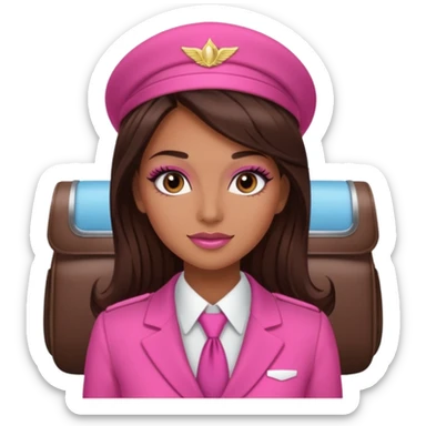 Flight attendant with pink outfit tan skin long dark brown hair with highlights pretty makeup long lashes sticker
