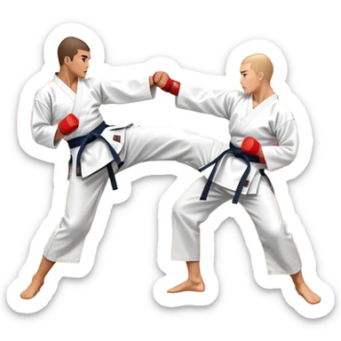 Two karate fighters in traditional gi sparring. One executes a high kick aimed at the opponent’s head, while the other blocks with a strong hand defense. The background features a classic dojo with wooden flooring and banners. Dynamic motion and focused expressions. Transparent background. sticker