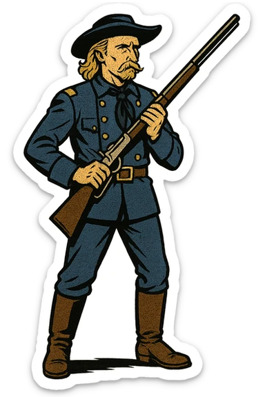 The full body of a US Army soldier who looks like General Custer from the 1880s wearing a blue uniform and holding a rifle sticker