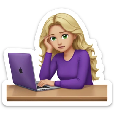 lady with long blonde wavy hair, purple top, green eyes,one elbow one desk hand on face with a laptop looking defeated sticker