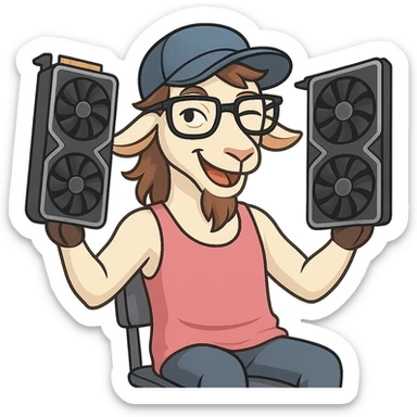 goat for Telegram stickers inspired by reference https://attic.sh/feoducyurkpqwz0la088soao98sx: wearing a cap, glasses, mullet hairstyle, pink drunkard tank top, sitting on a chair, holding a large video card in each hand at shoulder level, winking, pose like in the photo, clean lines, soft gradients. transparent background sticker