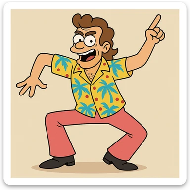 Shimmy Jimmy from Blended, exaggerated dance pose, bright patterned clothes, fun and lively, cartoon style sticker