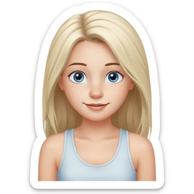 Una chica de tez blanca con pecas, nariz respingada, labios gruesos, ojos grandes color azul grisáceo, pelo largo, lacio, color avellana. Con una blusa de tirantes blanca. Que este sonriendo y q solo se vea de la cintura hacía arriba sticker