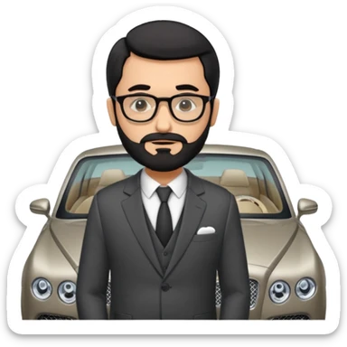 Professor Bentley Dyed black gray hair  frencb beard graying indian guy in suit with a bentley car. Older look with glasses sticker