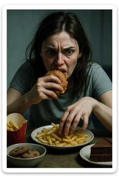 realistic cinematic image of a woman with intense emotional eating during menstrual cycle, agitated look, hands impulsively grabbing food, realistic details, dramatic clinical lighting, no text, 2:3 aspect ratio sticker