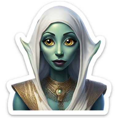 Alien in Aladdin style, oil paint, UFO eyes, intricate lips, intricate portrait, beautiful, desirable, logical, Arabic sticker