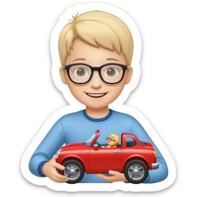 The child with glasses → is holding a toy car sticker
