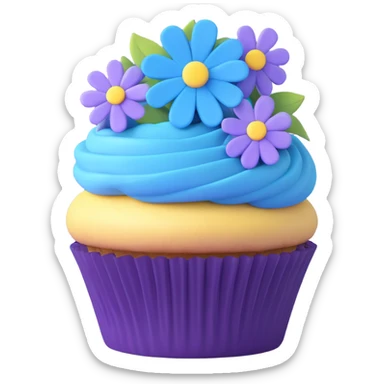 Transform this cupcake with blue flowers into an iOS 3D emoji model style, featuring realistic 3D shading, smooth rounded shapes, and a vibrant blue and purple color palette. sticker
