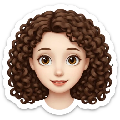 Light brown eyed female with pale skin. She has big eyes, curly and long dark brown hair and thin lips smiling. sticker