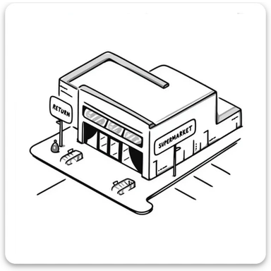 Isometric supermarket building with glass entrance, shopping cart return areas, and parking spaces sticker