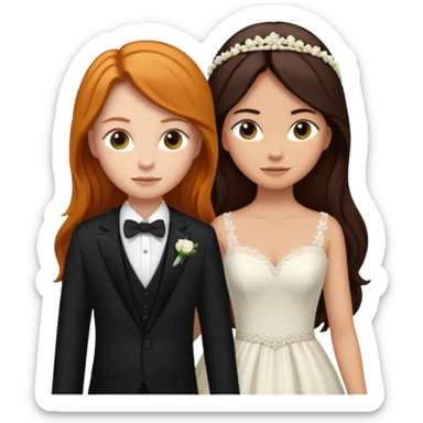 two girls getting married. one ginger with long hair in a BLACK SUIT. one DARK Haired brunette in a WEDDING dress sticker