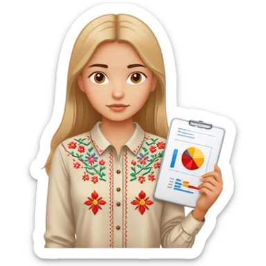 A Ukrainian girl in an embroidered shirt holds a diagram sticker
