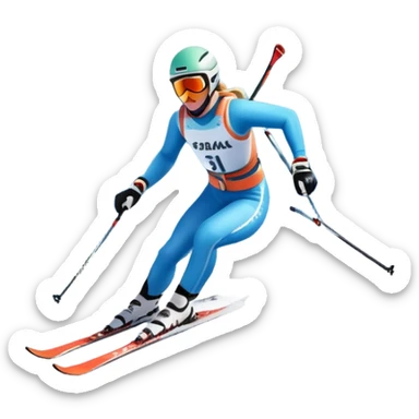 An icon featuring snowy peaks, pine trees, and a picturesque mountain landscape with a skier racing down a snow-covered slope. The sky is blue with soft clouds, capturing the thrill and beauty of alpine skiing. Transparent background highlights the excitement and serenity of winter sports. sticker