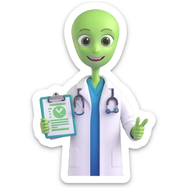 green alien doctor with a clipboard, wearing a white coat, smiling sticker