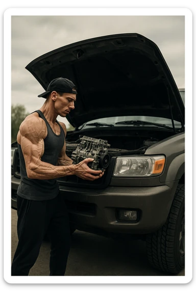 a lean, slimmed-down bodybuilder in gym clothes stands beside a large, imposing car (like an SUV or luxury sedan) with the hood open. Con attenzione e un po’ di fatica, solleva e installa un piccolo motore nel grande vano motore dell’auto. Il contrasto tra la stazza dell’auto e la dimensione ridotta sia del motore che del bodybuilder è evidente. L’atmosfera è riflessiva e simbolica. sticker