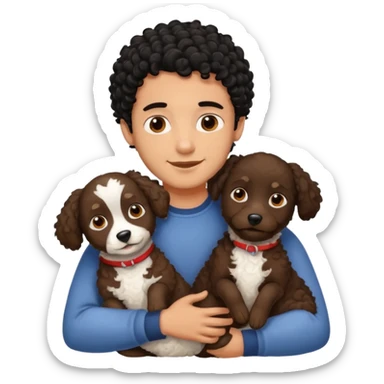 Young man with little brown skin, black curly hair, cheerful dark brown eyes, hugging two york dog sticker