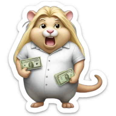 Angry fat Rat standing up with long blond hair holding money sticker