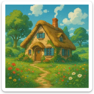 a cozy cottage in a magical landscape, ghibli style sticker