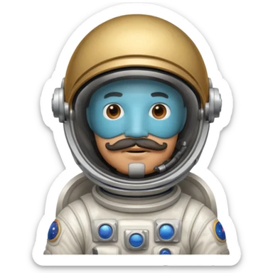 Mustached astronaut man holding helmet sticker