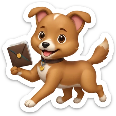 cute emoji-style dog running with a resume in its mouth, happy and energetic, simple bold lines sticker
