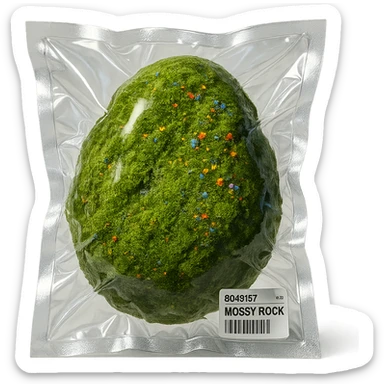 mossy rock with abundant moss and tiny colorful flowers, shiny and inflated sticker
