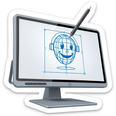 Create an emoji for 3D visualization and modeling. Show wireframe model that pops out from the screen of a large graphic tablet with a stylus drawing in a 3D modeling program. Use modern, professional colors. Do not include any emojis or smiley faces. Make the background transparent. sticker