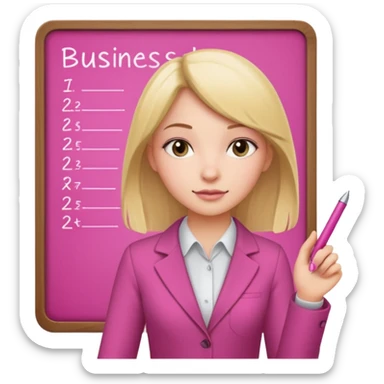 pink board with a girl writing on it and on the board there are graphs and a title "Businss sticker