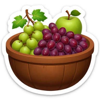 medieval fruit bowl object icon, grapes apples pears, clay bowl, warm rustic look, 3D cartoon, mobile game icon style, clean background, no text, no watermark
 sticker