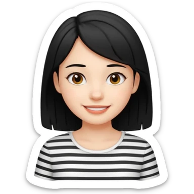 Black-haired girl, short to the neck, wearing white shirt with black stripes, happy sticker
