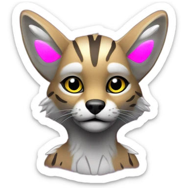 Coyote ocelot with grey and black fur and phoenix wings and pink ears, neon lights sticker