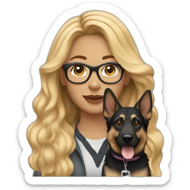 woman with wavy long blonde hair wearing glasses with german shepherd dog sticker
