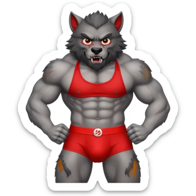 muscular werewolf wearing red briefs with visible logo, emoji style sticker
