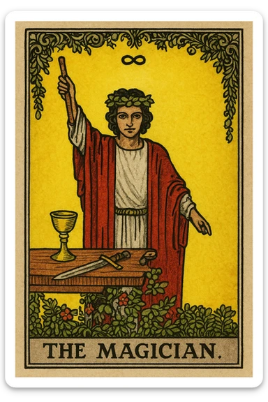 The Magician tarot card, close-up, Rider Waite Smith style, mystical atmosphere, holding a wand, table with cup, sword, pentacle, yellow background, ornate border. sticker