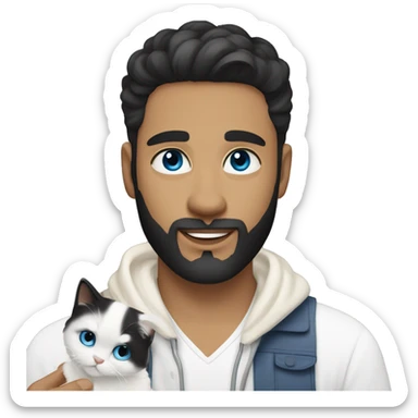 A guy with a black earing and black short hair and black beard and holding a all white Siberian cat with blue eyes  sticker