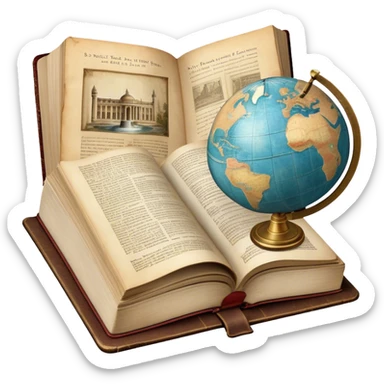Icon for Documentary and Literary Fiction Reading: an open book with a mix of historical facts and vivid storytelling, featuring a globe, a fountain pen, and a vintage camera. The icon should represent the blend of reality and storytelling in documentary fiction. Transparent background. sticker