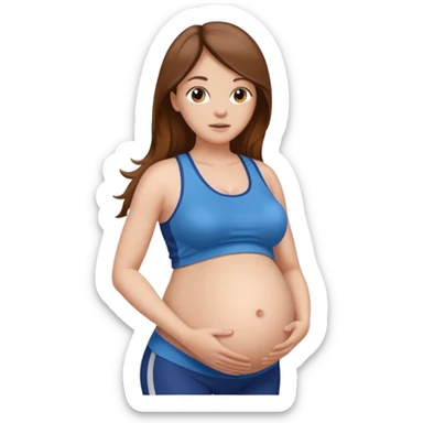 "Pregnant woman with visible belly skin, wearing sportswear, with long brown hair and fair skin."
 sticker