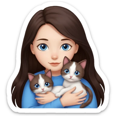 a pretty girl with long dark 
brown hair, with blue eyes, hugs 3 different natural coloured small cats sticker