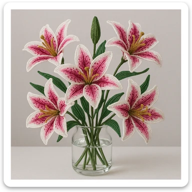 five French beaded pink stargazer lilies arranged in a clear glass vase, intricate beadwork details, delicate petals, realistic floral arrangement, vibrant pink and white colors, elegant and decorative sticker