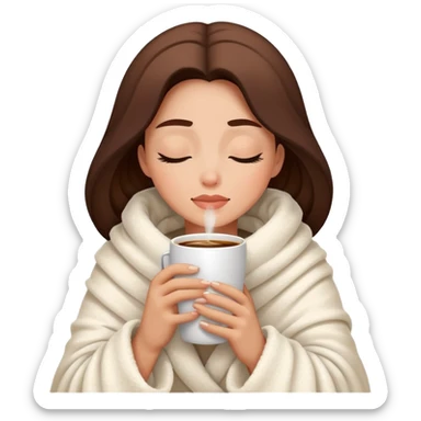 Woman wrapped inside a fluffy blanket sipping coffee with her eyes closed sticker