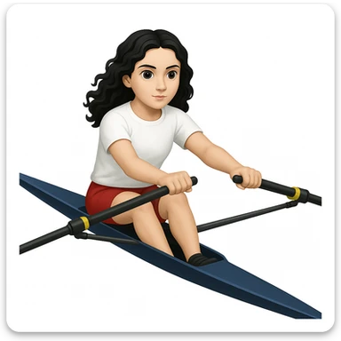 Altındaki tekneyi olimpik kürek sporu için uygun, uzun ve ince yarış teknesi olarak değiştir. Kız siyah uzun dalgalı saçlı, beyaz tenli, kırmızı şort ve beyaz kısa kollu tişörtle olimpik kürek sporu yapıyor sticker