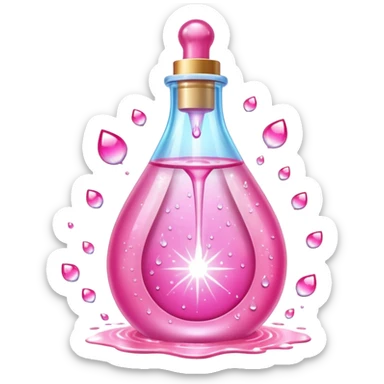Pink teardrop-shaped glass bottle with rounded pump, glowing with iridescent light. Surrounded by sparkling dew drops, soft heart-shaped flares, and floating. Emits a radiant pink aura that glows like sunrise on skin. Feels like a glamour spell bottled into a juicy, glossy emoji flask. sticker