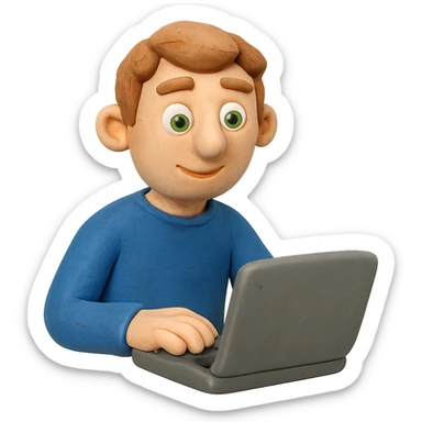 claymation style man with light brown hair and green eyes sitting in front of a laptop sticker
