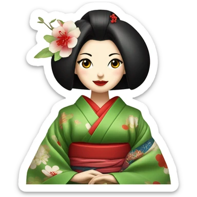 Geisha con kimono rojo y ojos verdes haciendo ceremonia del té  sticker