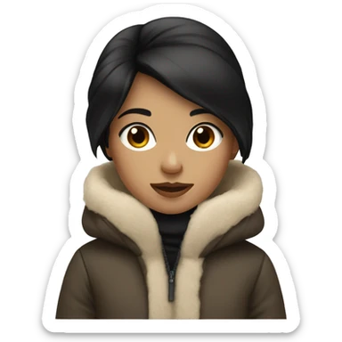 Girl with black hair with winter coat beige and white  sticker