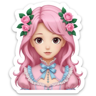 Gorgeous pastel anime lady with long hair and pink victorian style clothes and roses sticker